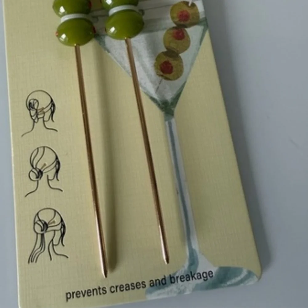 Piper K Olive Hair Pick Green W Red Detail Hair Sticks BRAND NEW